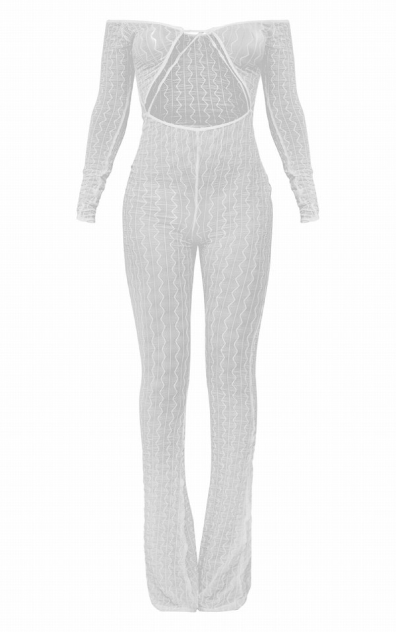 Cream Pretty Little Thing TextuStrappy Bardot Jumpsuits | VGBAQWU-34