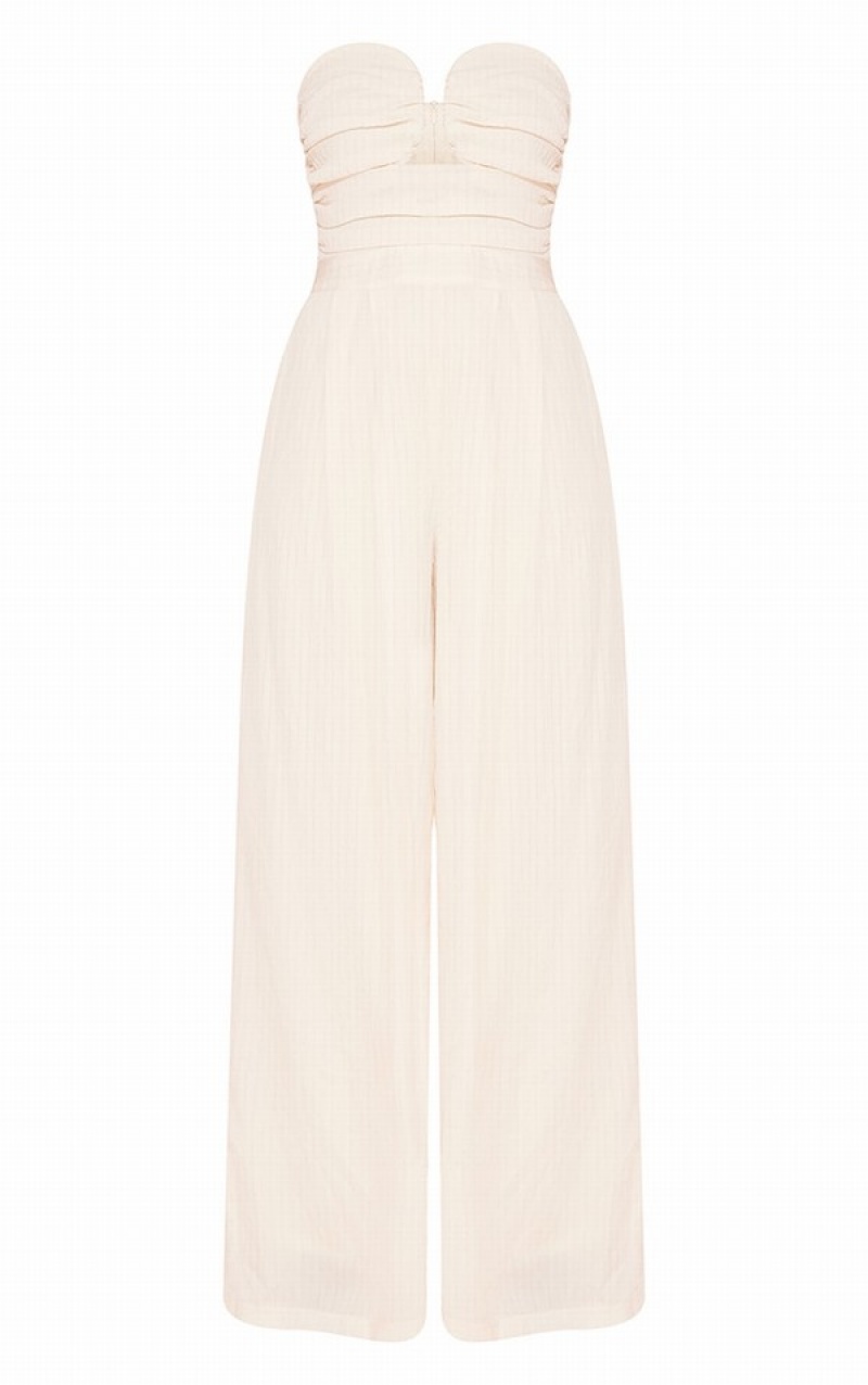 Cream Pretty Little Thing TextuWire Detail Wide Leg Jumpsuits | HBEULSG-91