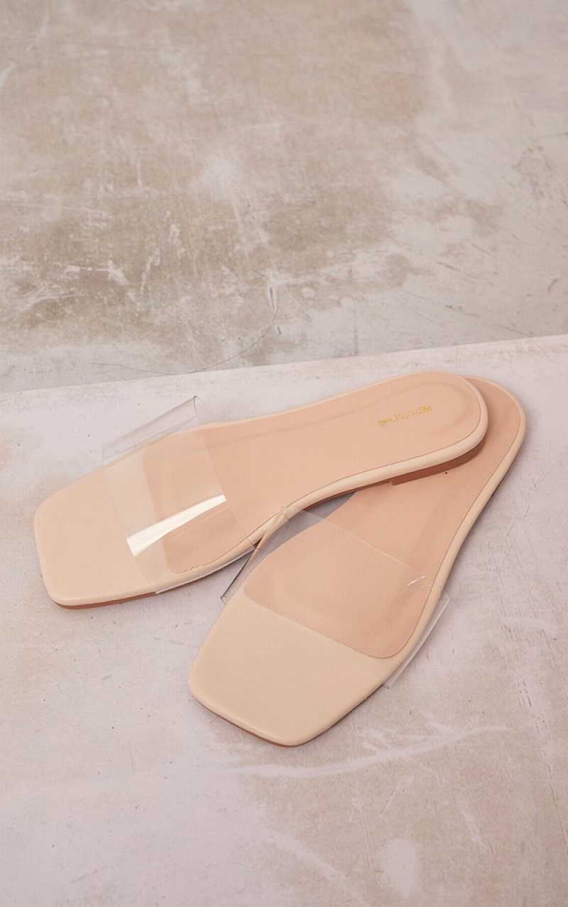 Cream Pretty Little Thing Wide Fit PU Clear Strap Sandals | ZWMRDQO-75