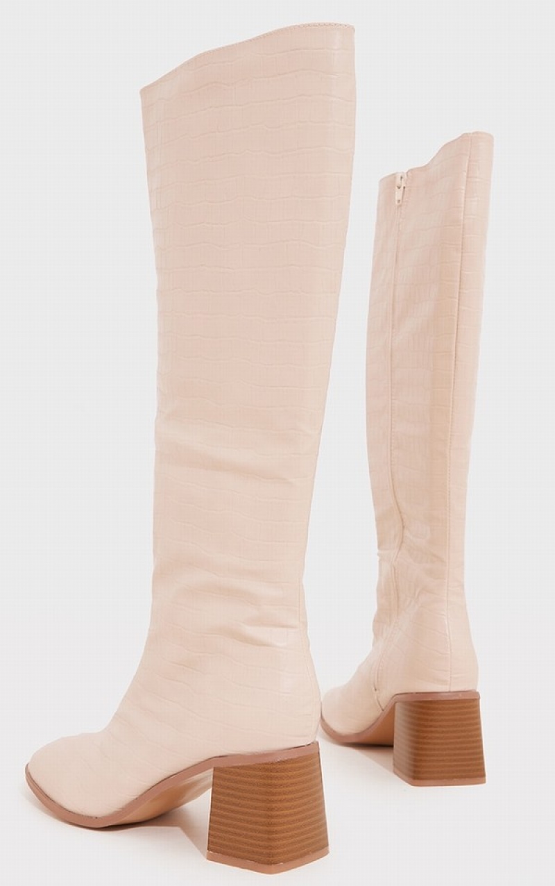 Cream Pretty Little Thing Wide Fit Pu Croc Square Toe Mid Blocked Knee Boots | OJTEFIU-65