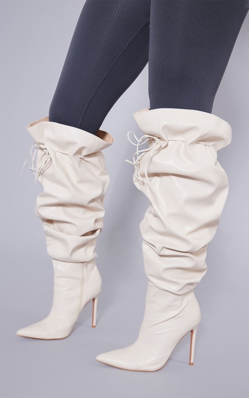 Cream Pretty Little Thing Wide Fit Pu Point Toe Ankle Tie Ruched Thick Thigh Knee Boots | NELKYOA-43