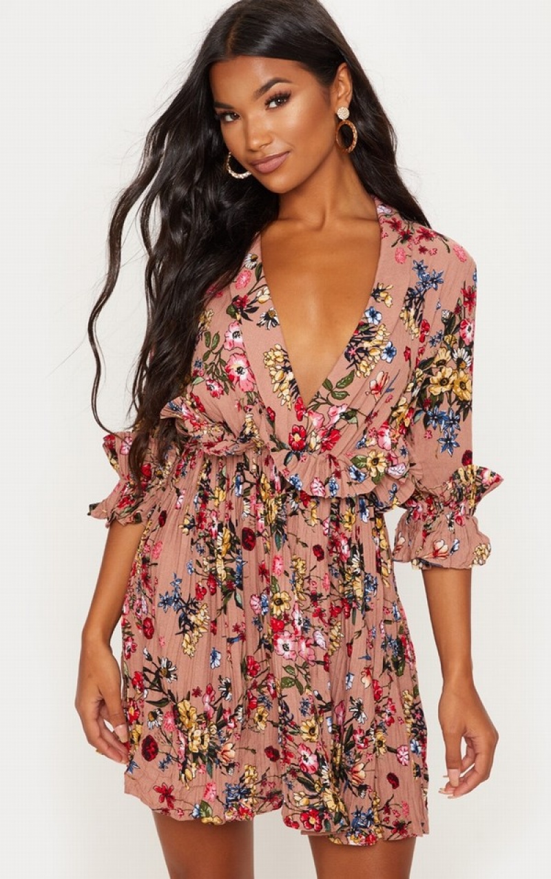 Dark Beige Pretty Little Thing Nude Floral Frill Detail Pleated Skater Dresses | CZHAQJT-59