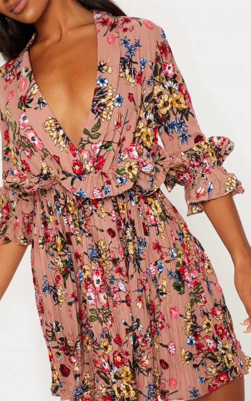 Dark Beige Pretty Little Thing Nude Floral Frill Detail Pleated Skater Dresses | CZHAQJT-59