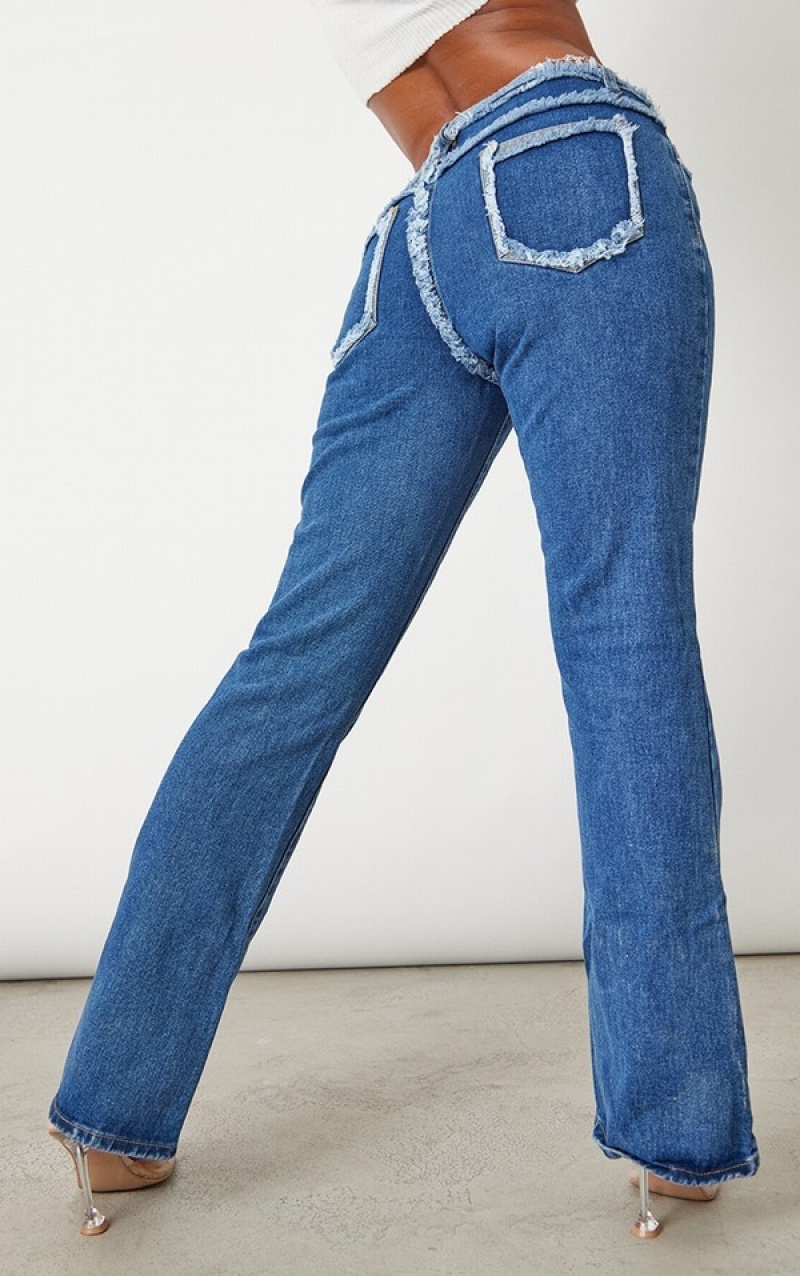 Dark Blue / Wash Pretty Little Thing Wash Low Rise Frayed Waistband Flare Jeans | UCVDWTO-07