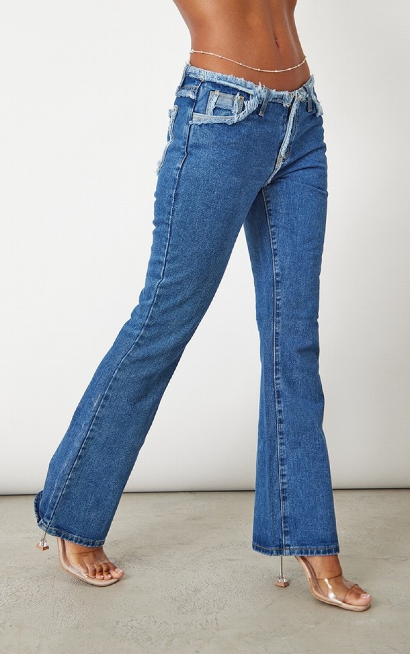 Dark Blue / Wash Pretty Little Thing Wash Low Rise Frayed Waistband Flare Jeans | UCVDWTO-07