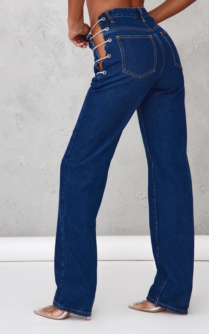 Dark Blue / Wash Pretty Little Thing Wash Diamanté Lace Up Side Detail Jeans | RGQCHWN-52