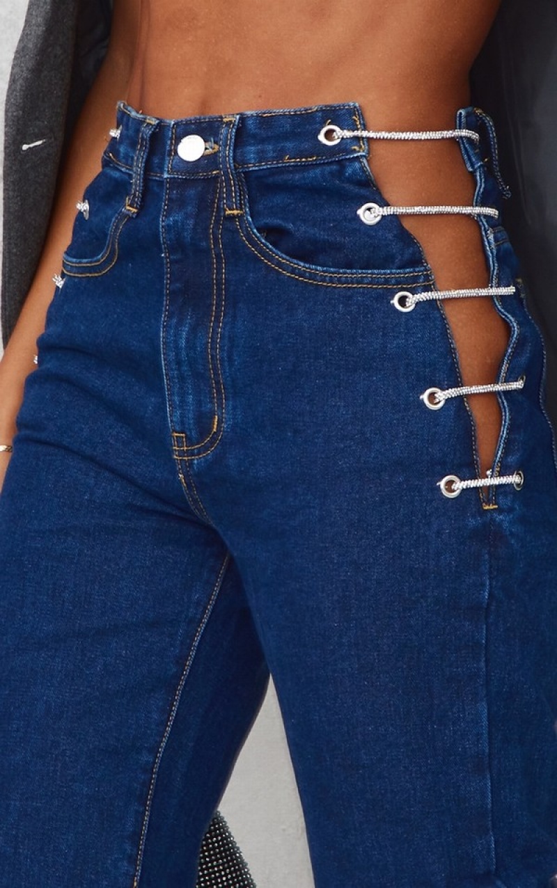 Dark Blue / Wash Pretty Little Thing Wash Diamanté Lace Up Side Detail Jeans | RGQCHWN-52