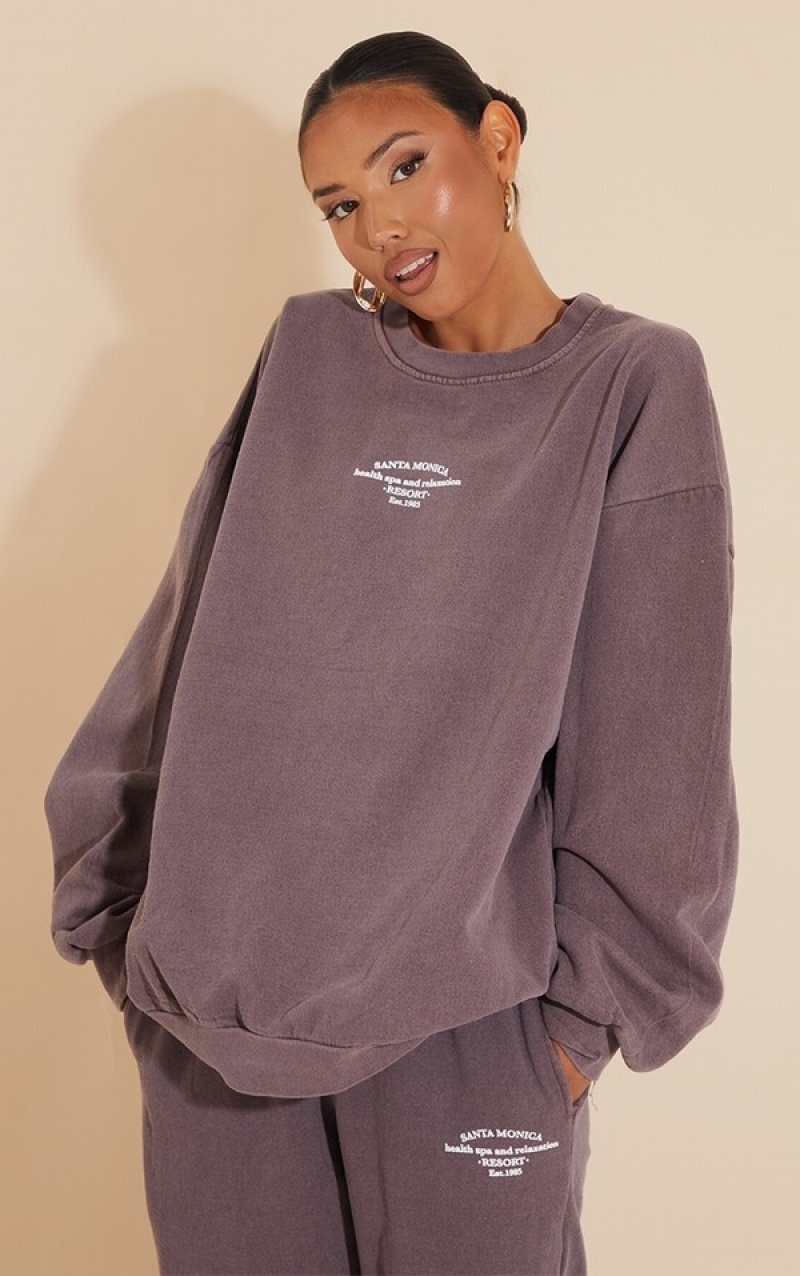 Dark Brown Pretty Little Thing Santa Monica Washed EmbroideOversized Sweatshirts | GRYTXEF-47