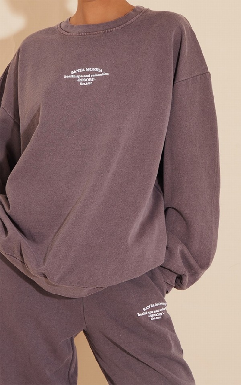 Dark Brown Pretty Little Thing Santa Monica Washed EmbroideOversized Sweatshirts | GRYTXEF-47