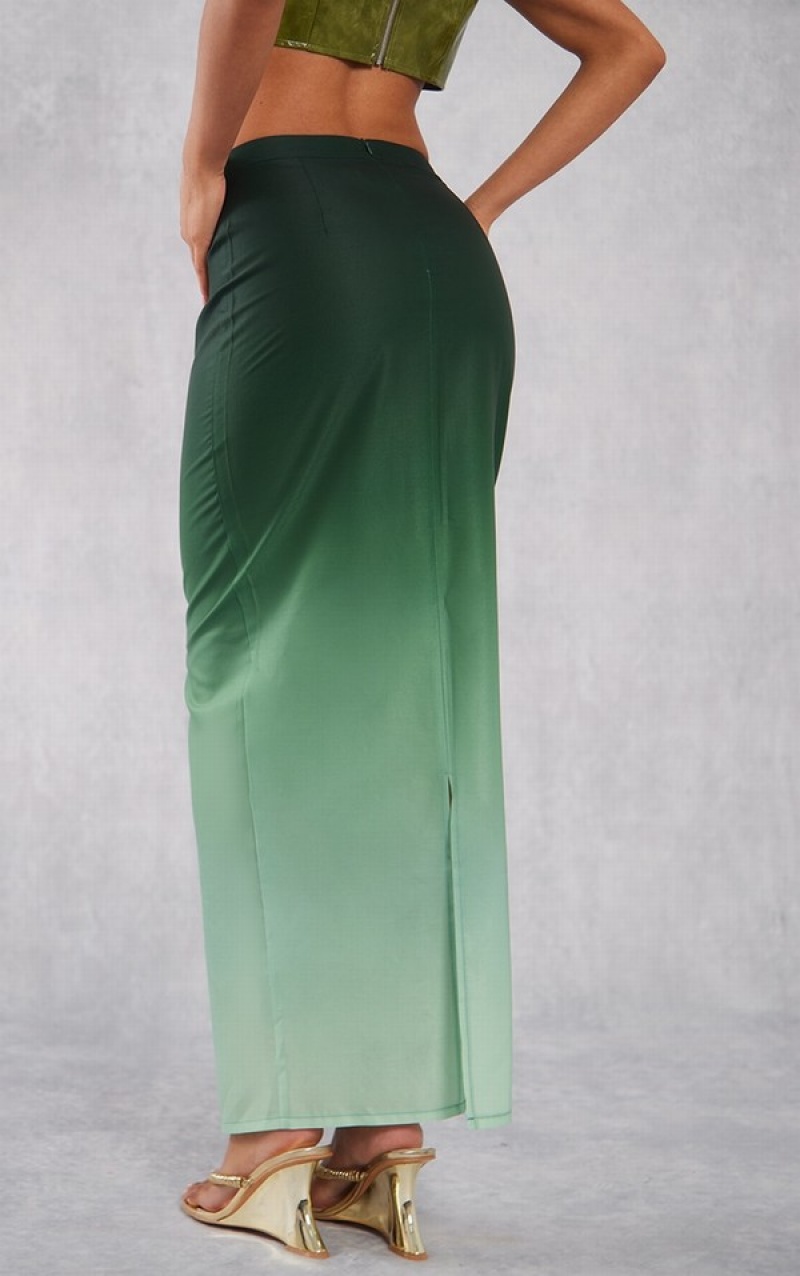 Dark Green Pretty Little Thing Ombre Print Satin Mid Rise Maxi Skirts | XGOFZCQ-50