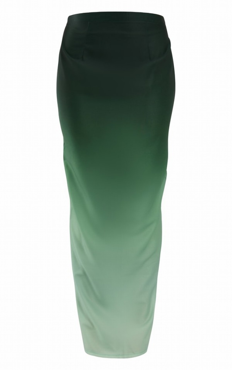 Dark Green Pretty Little Thing Ombre Print Satin Mid Rise Maxi Skirts | XGOFZCQ-50