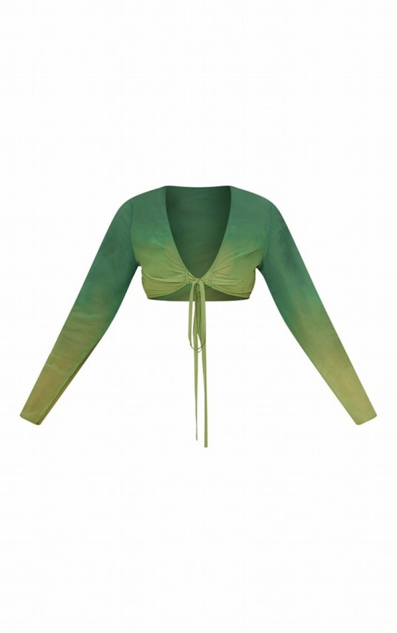 Dark Green Pretty Little Thing Ombre Sheer Chiffon Tie Front Beach Bikini Tops | HNTDEZO-18