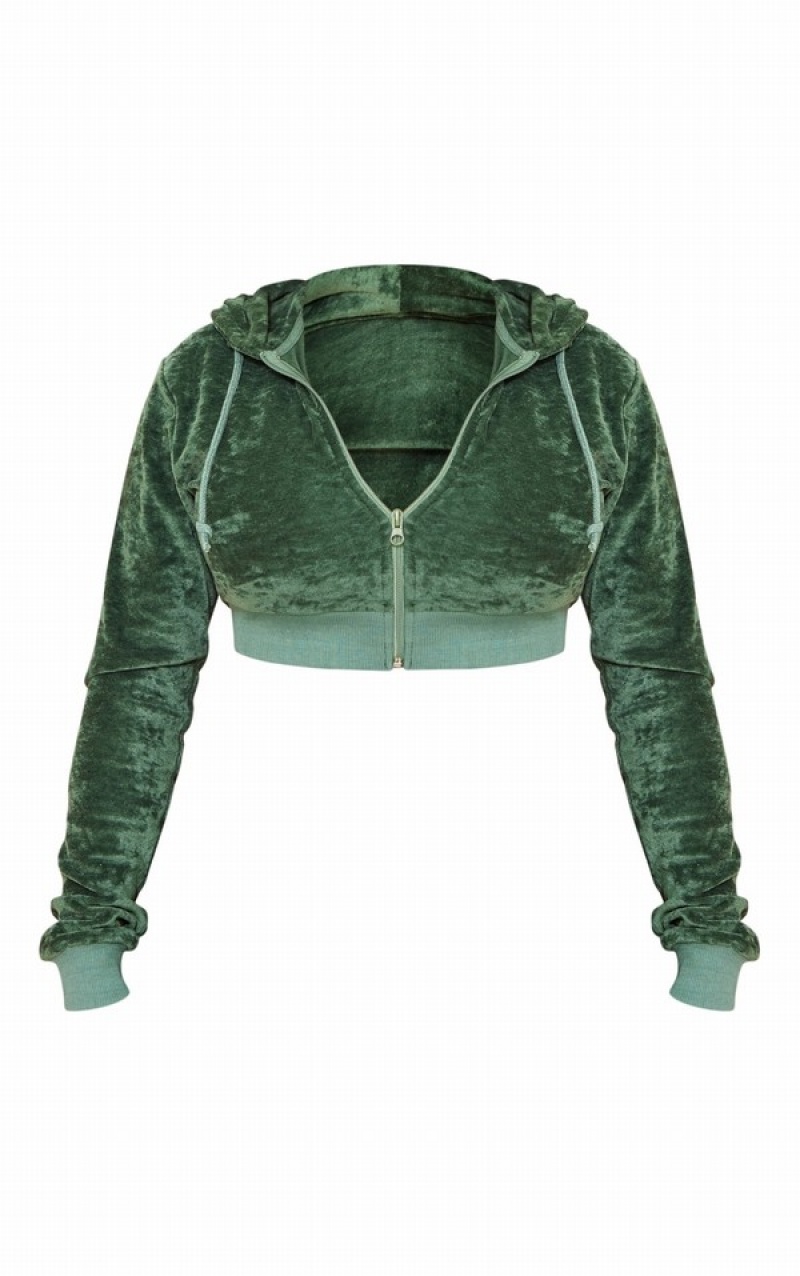 Dark Green Pretty Little Thing Shape Velour Cropped Hoodie | FNCAQVK-49