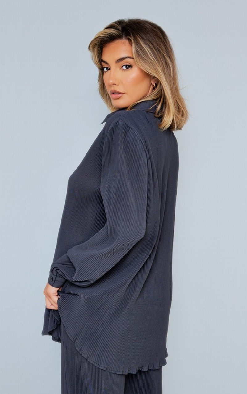 Dark Grey Pretty Little Thing Plisse Button Front Oversized Shirts | WEVTXZL-46