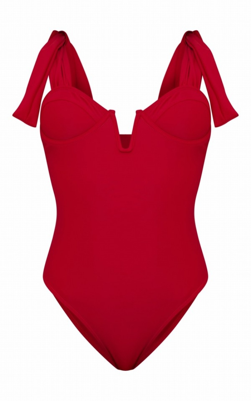 Dark Red Pretty Little Thing Tie Straps Cupped High Rise Swimsuits | DSXPQVA-48