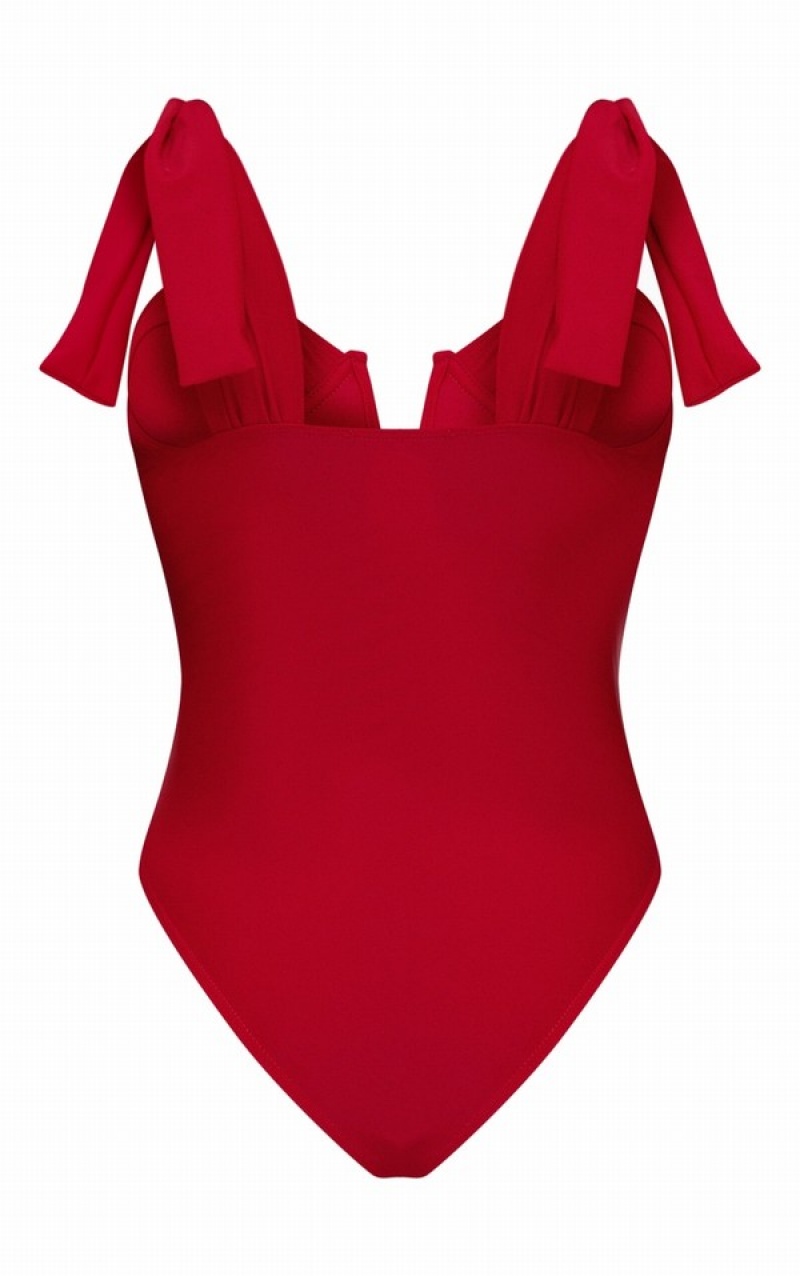 Dark Red Pretty Little Thing Tie Straps Cupped High Rise Swimsuits | DSXPQVA-48