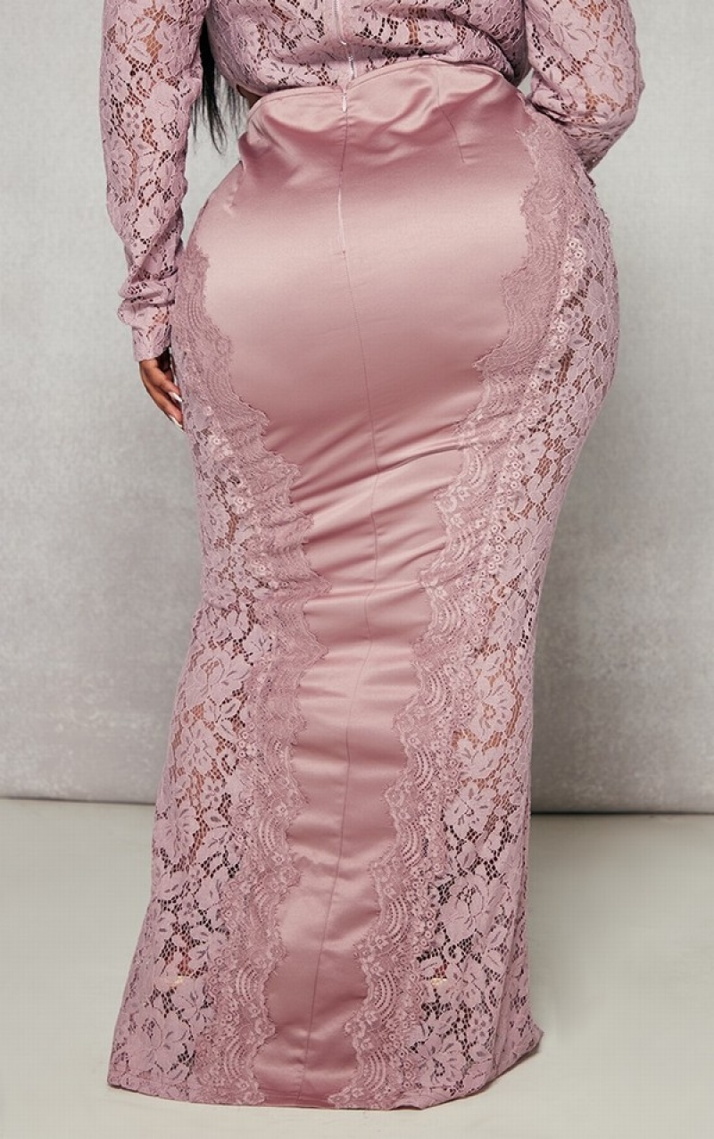 Dark Rose Pretty Little Thing Plus Satin Lace Detail Maxi Skirts | UWTGPSD-03