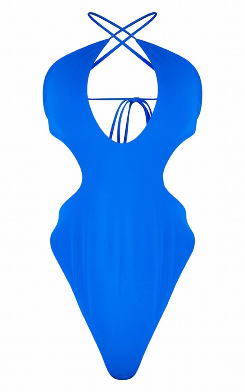 Deep Blue Pretty Little Thing Cobalt Cut Out Multiway Wrap Waist Plunge Swimsuits | KRIEPBJ-12