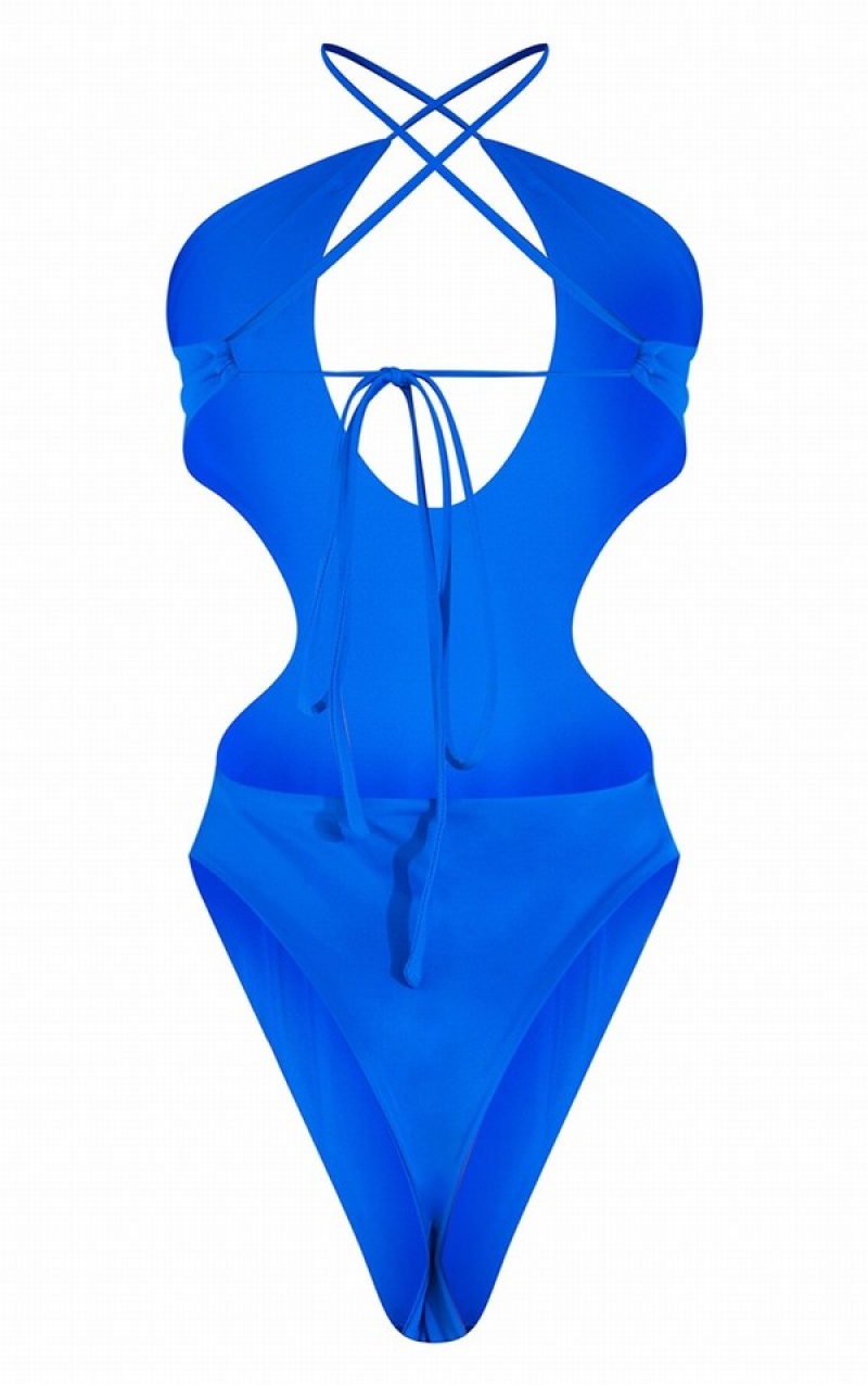 Deep Blue Pretty Little Thing Cobalt Cut Out Multiway Wrap Waist Plunge Swimsuits | KRIEPBJ-12