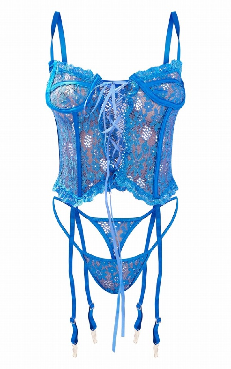 Deep Blue Pretty Little Thing Cobalt Floral Lace Up Corset Lingerie | CYULIPA-92