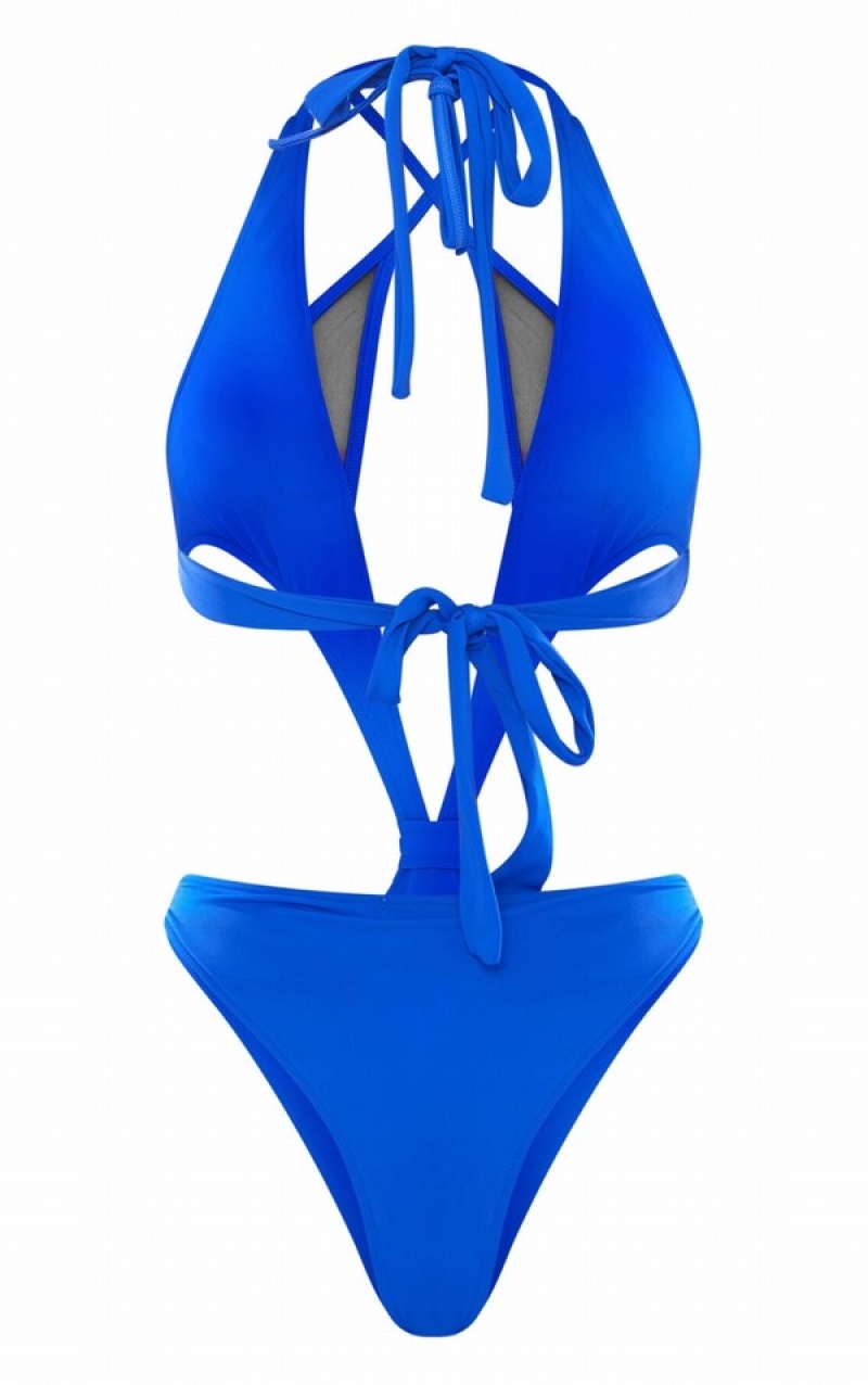 Deep Blue Pretty Little Thing Cobalt Mesh Underlay Halterneck Swimsuits | MYPTNUR-62