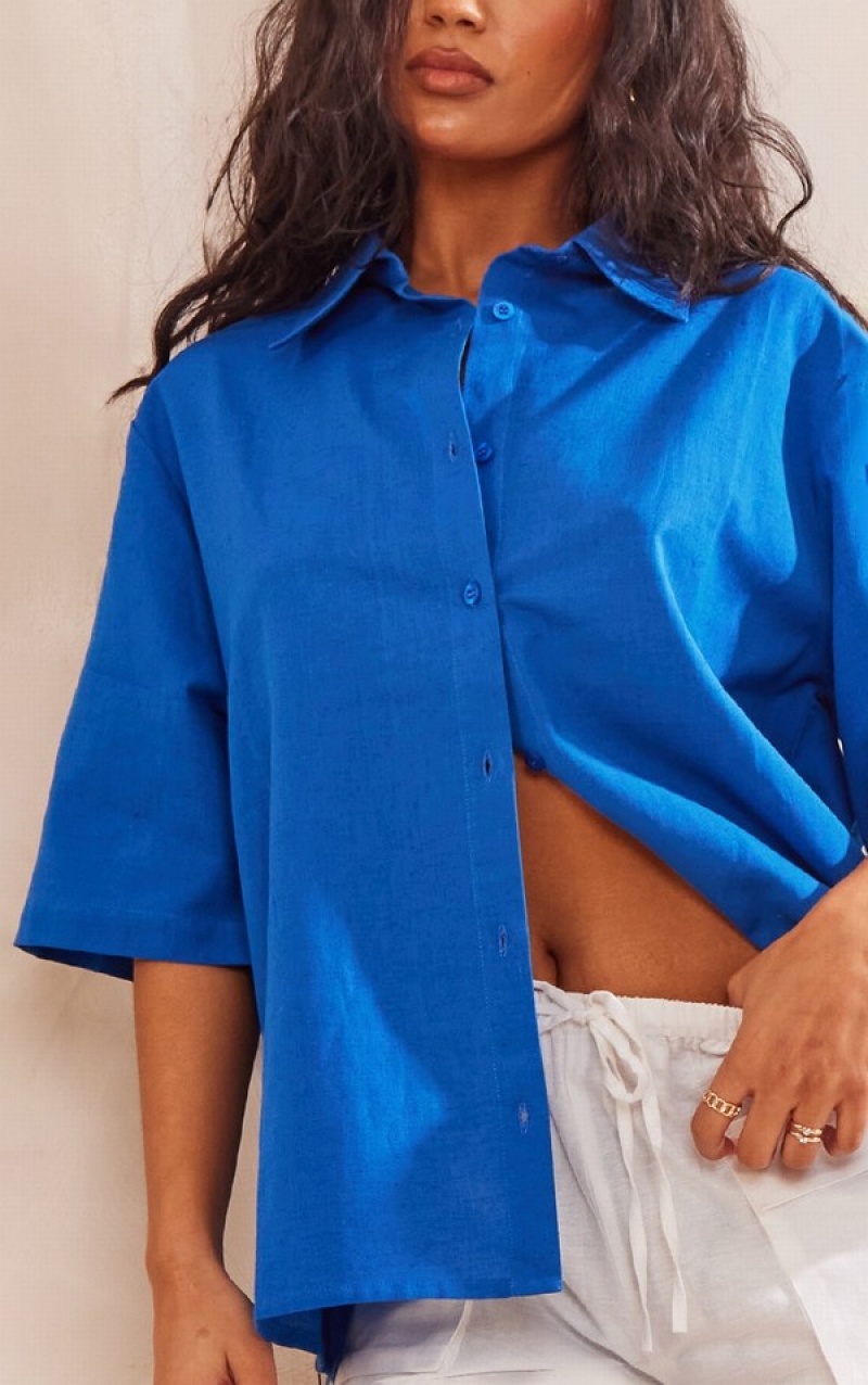 Deep Blue Pretty Little Thing Cobalt Oversized Linen Feel Sleeve Shirts | MXKOYPZ-18