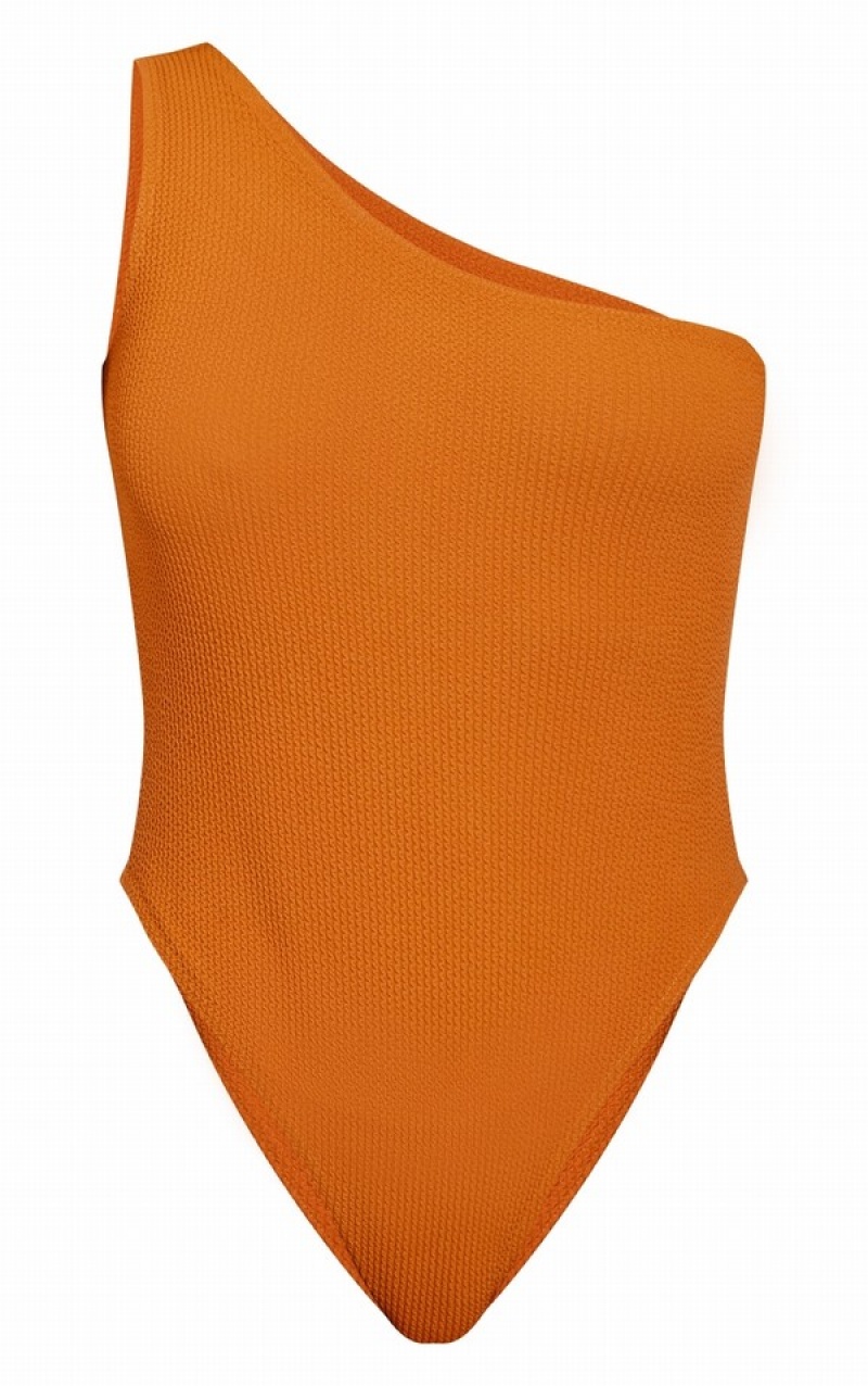 Deep Orange Pretty Little Thing Deep Crinkle One Shoulder Swimsuits | VMSOCDA-30