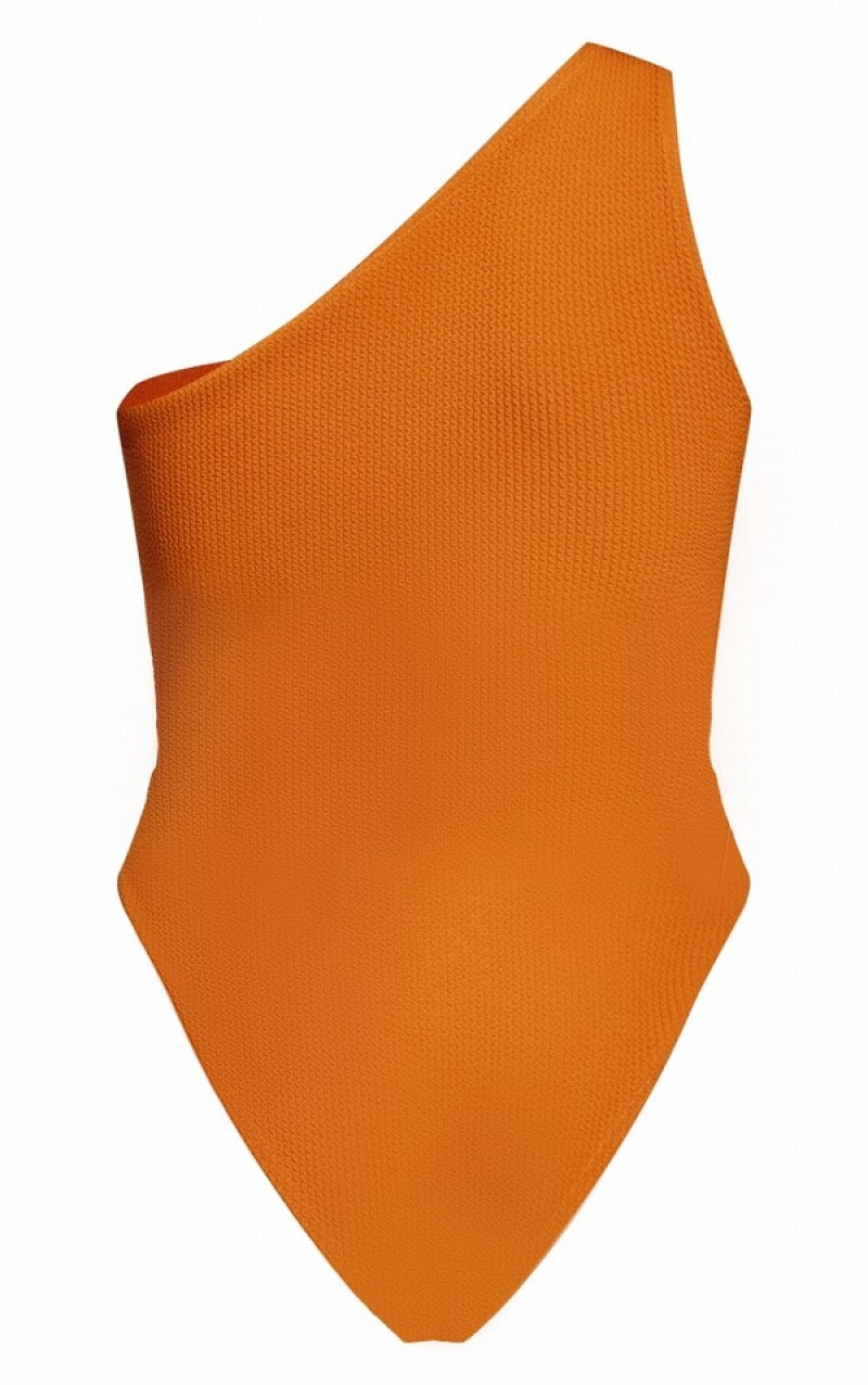 Deep Orange Pretty Little Thing Deep Crinkle One Shoulder Swimsuits | VMSOCDA-30