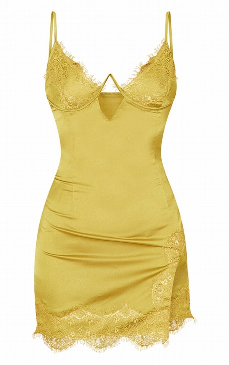 Gold Pretty Little Thing Chartreuse Satin Lace Detail UnderwiSlip Dresses | QUFIKEB-16