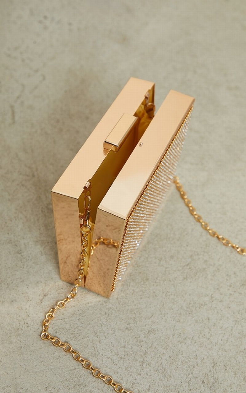 Gold Pretty Little Thing Diamante Box Clutch Bags | ILBOHYE-60