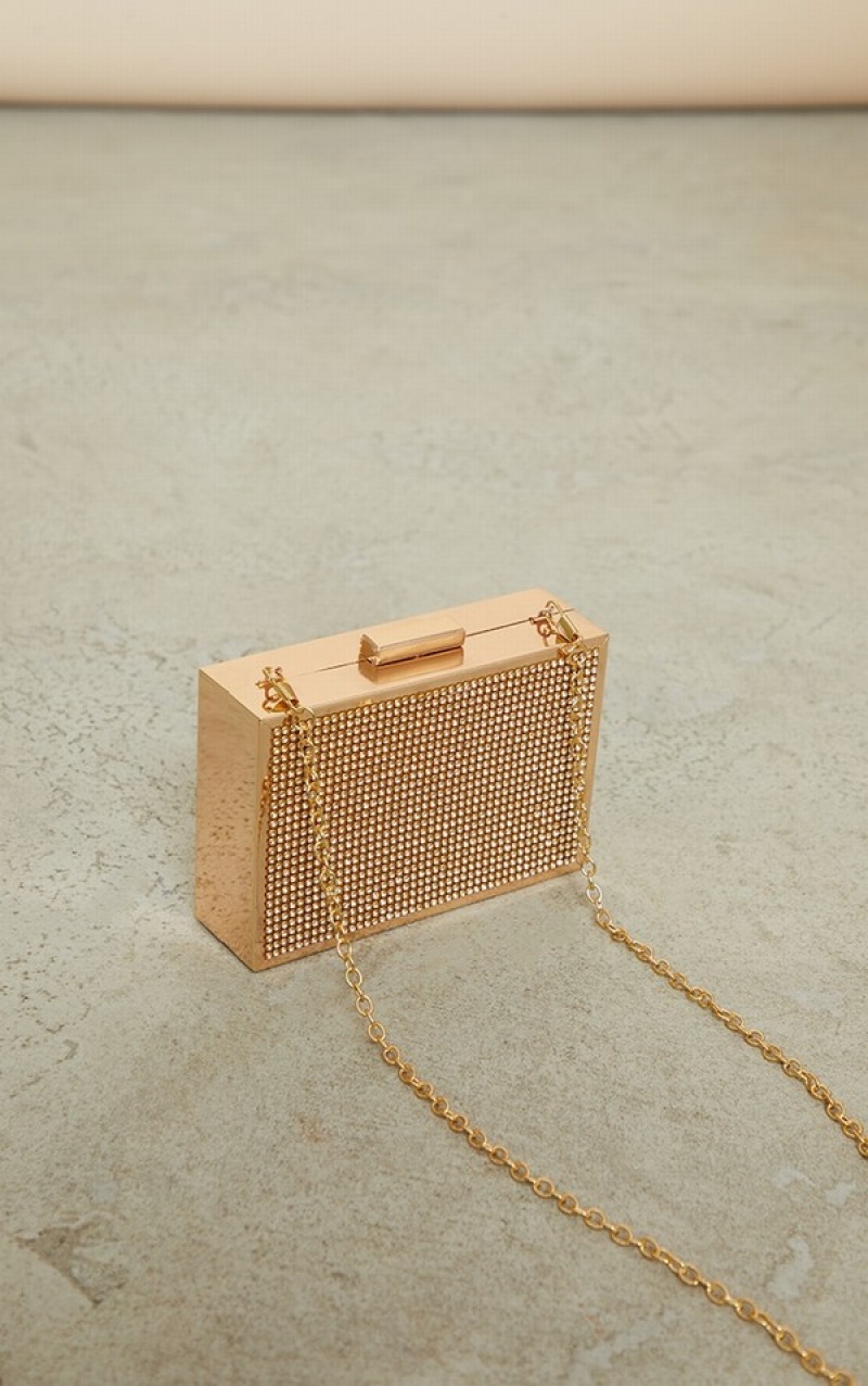 Gold Pretty Little Thing Diamante Box Clutch Bags | ILBOHYE-60