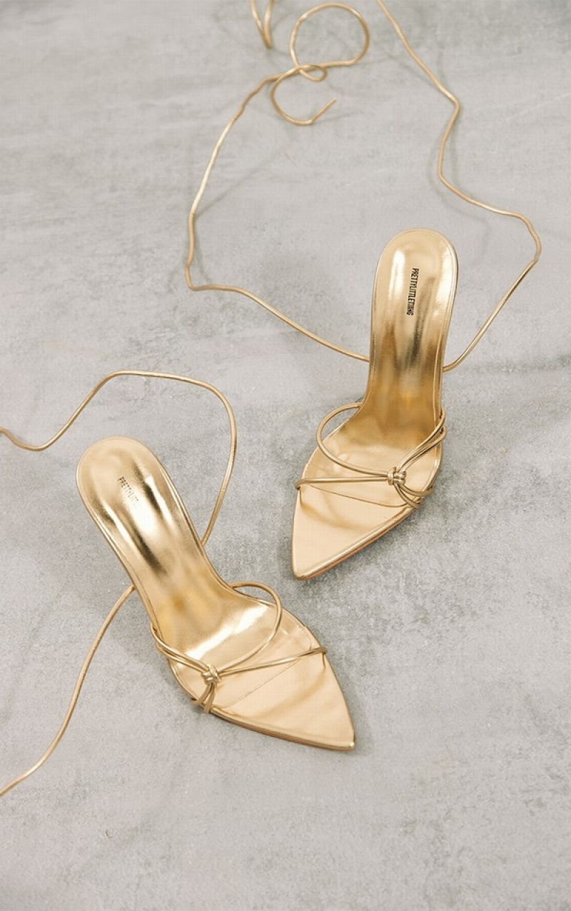 Gold Pretty Little Thing Faux Leather Metallic Pointed Knot Detail Tie Up Heels | FJSLOXP-89