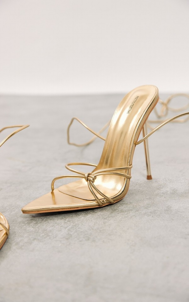 Gold Pretty Little Thing Faux Leather Metallic Pointed Knot Detail Tie Up Heels | FJSLOXP-89