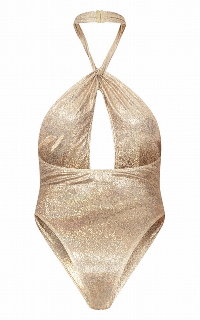 Gold Pretty Little Thing Glitter Halterneck Cut Out Swimsuits | ZVNHRDS-18