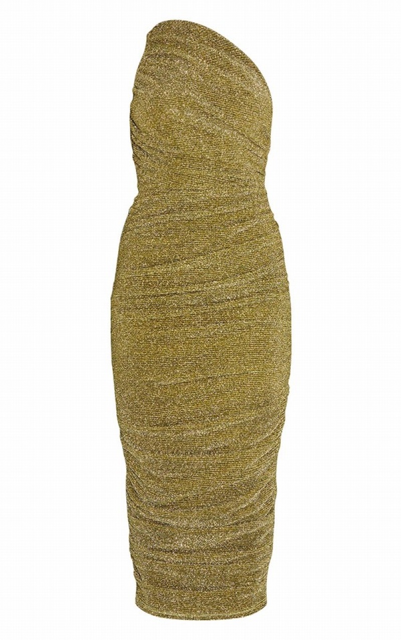 Gold Pretty Little Thing Glitter Plisse Ruched One Shoulder Dresses | EOUCDNZ-23