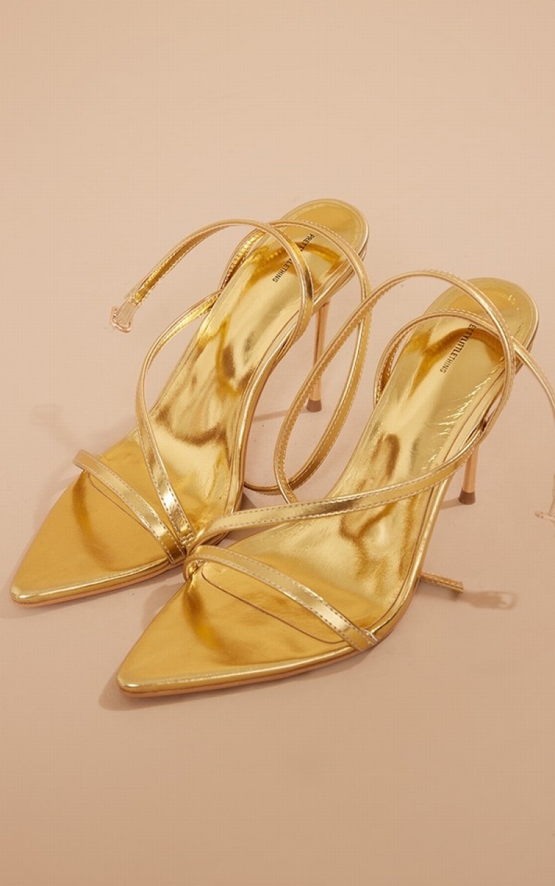 Gold Pretty Little Thing PU Asymmetric Strap High Metal Heels | DALRZYC-31