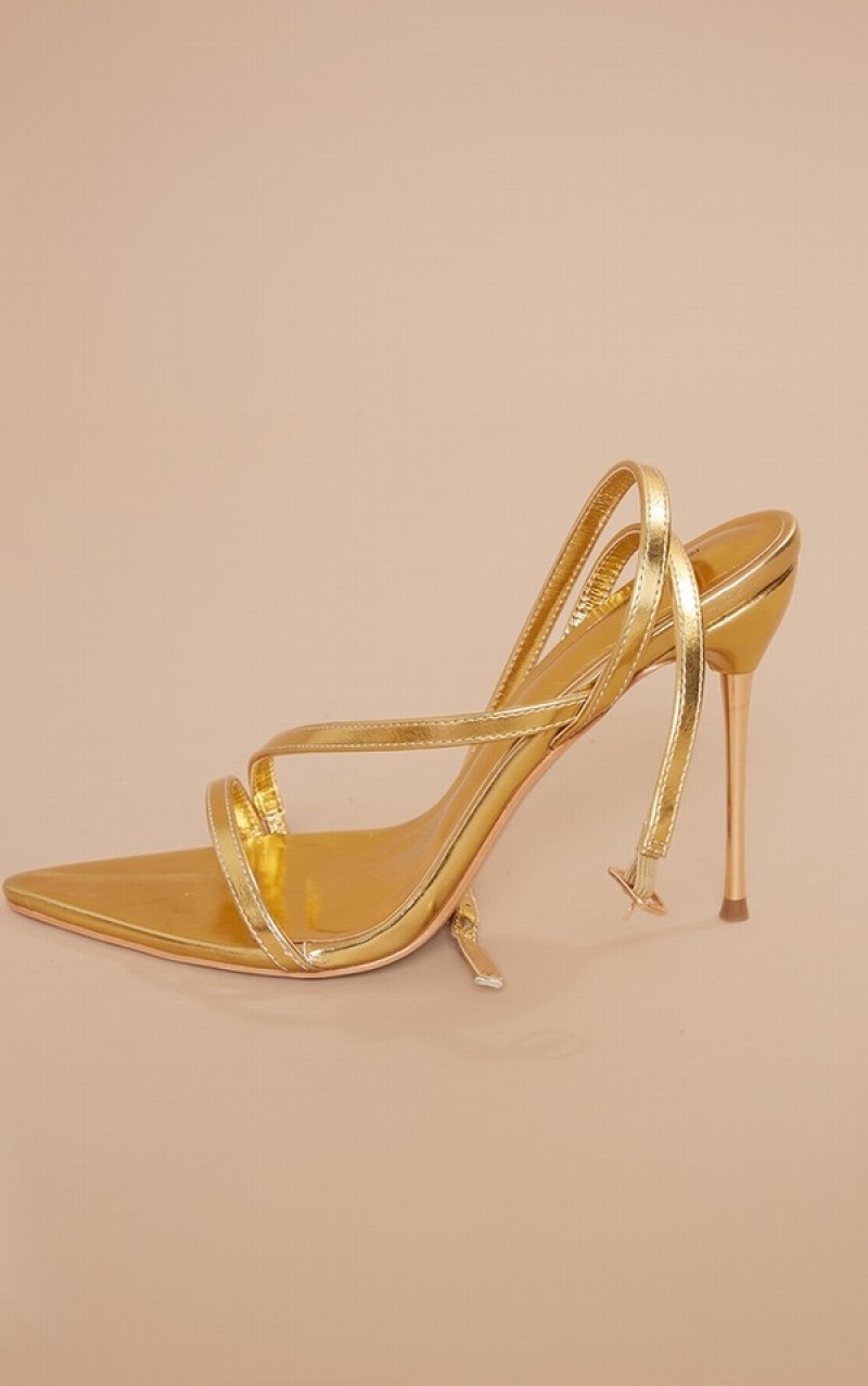 Gold Pretty Little Thing PU Asymmetric Strap High Metal Heels | DALRZYC-31