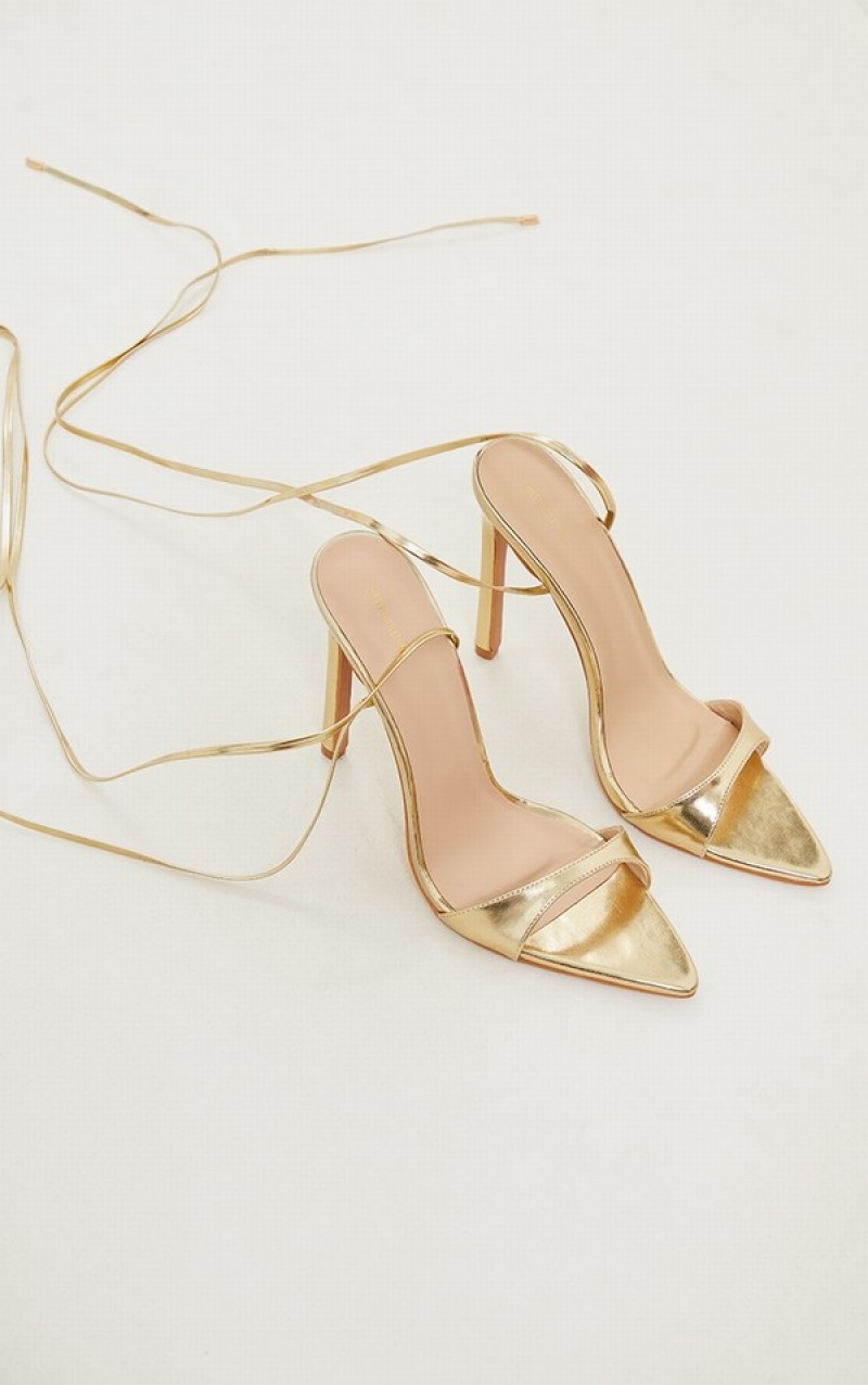 Gold Pretty Little Thing PU Point Toe Lace Up High Heels | WLKHYVC-84