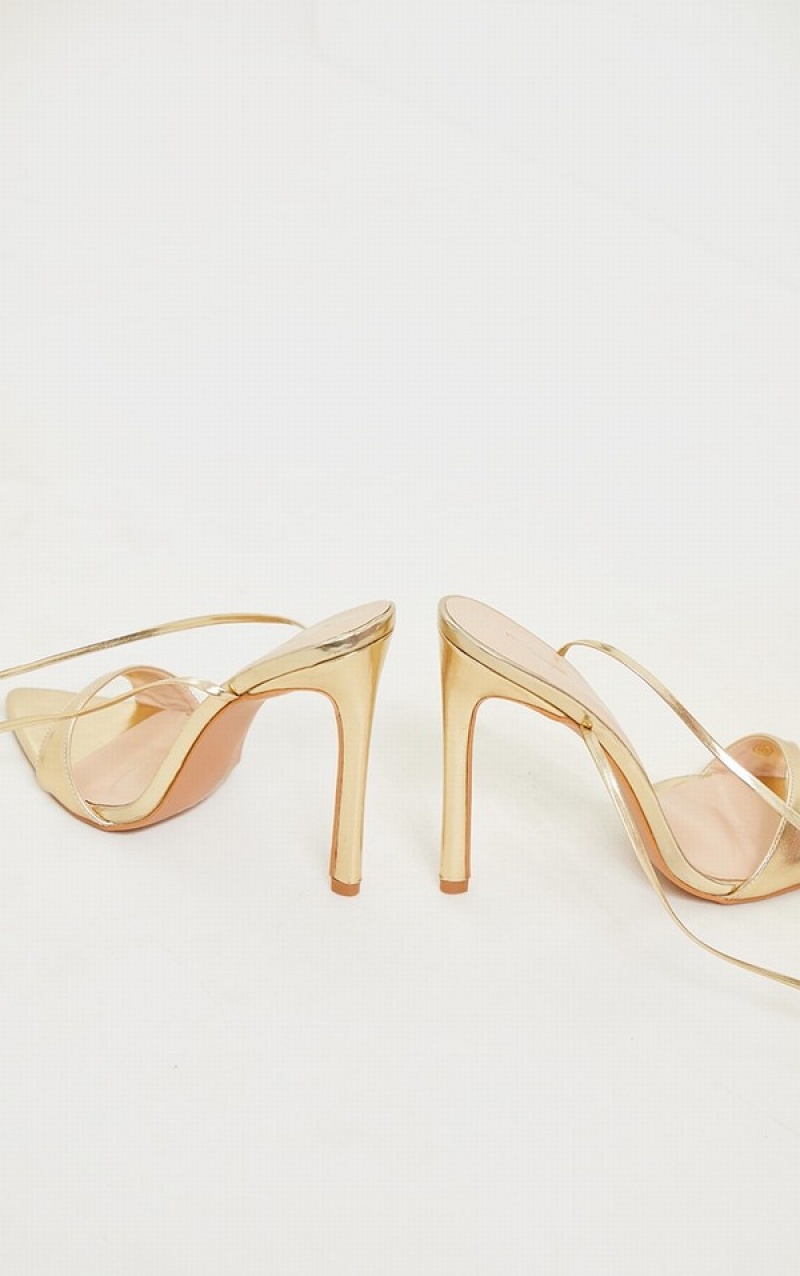 Gold Pretty Little Thing PU Point Toe Lace Up High Heels | WLKHYVC-84