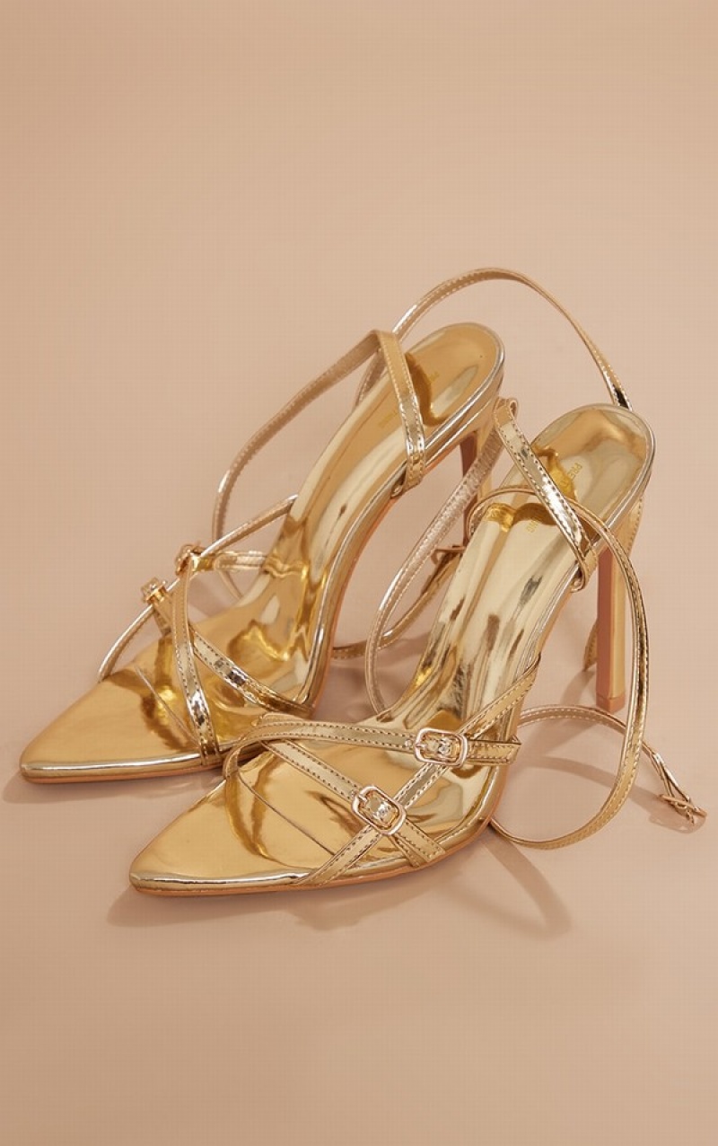 Gold Pretty Little Thing Patent Pointed Toe Double Side Buckle Detail Ankle Strap Heels | SGPHUEF-90