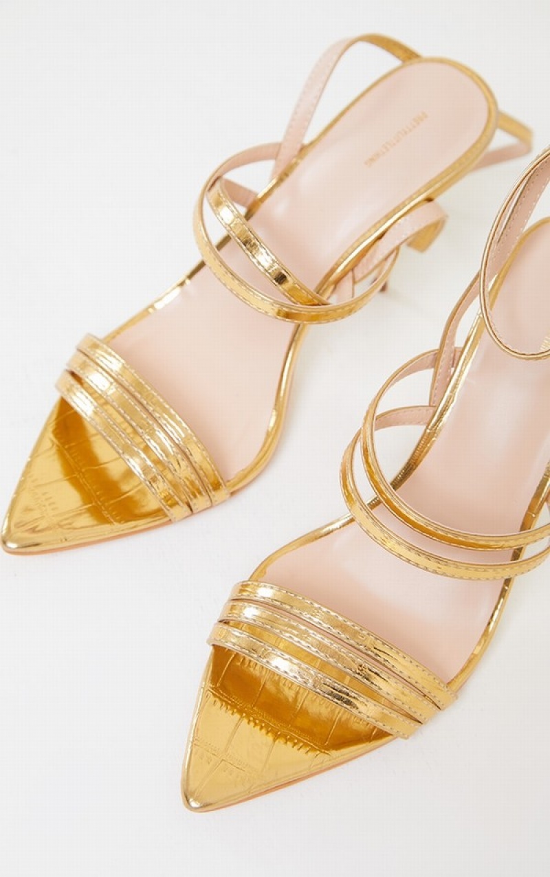 Gold Pretty Little Thing Point Toe Pins Double Straps Heels | YINUFVW-27