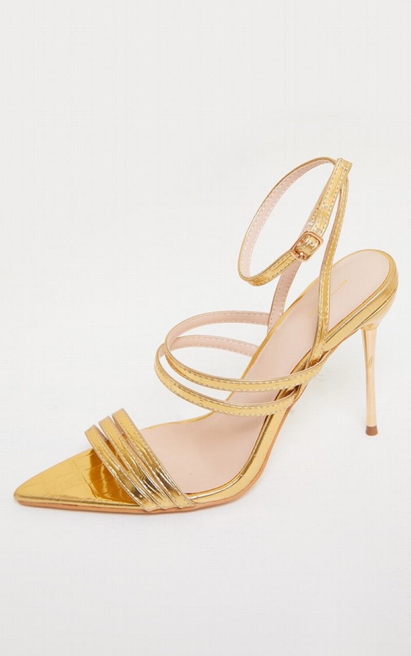 Gold Pretty Little Thing Point Toe Pins Double Straps Heels | YINUFVW-27