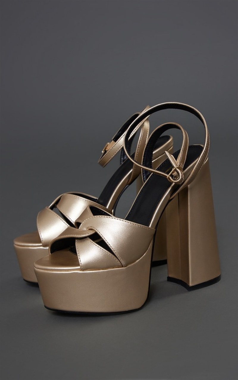 Gold Pretty Little Thing Pu Chucky Platform Intertwined Strap Block Heels | SIKOEXW-78