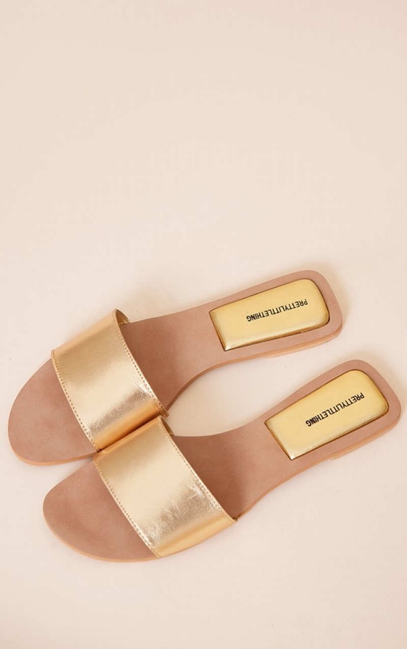 Gold Pretty Little Thing Real Leather Round Toe Basic Strap Sandals | QDWRZJF-73