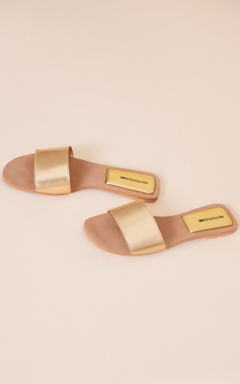 Gold Pretty Little Thing Real Leather Round Toe Basic Strap Sandals | QDWRZJF-73