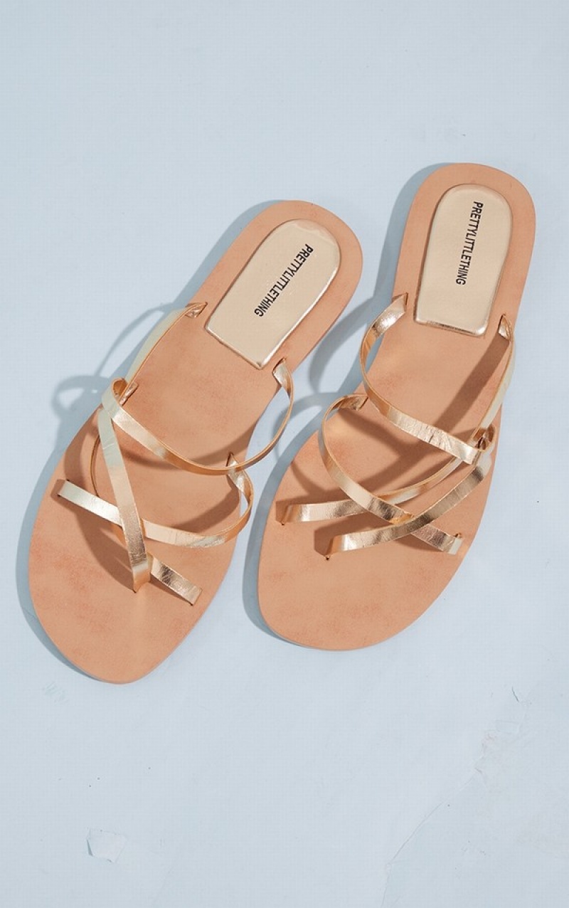 Gold Pretty Little Thing Real Leather Round Toe Four Cross Over Straps Sandals | WCLMIYT-49