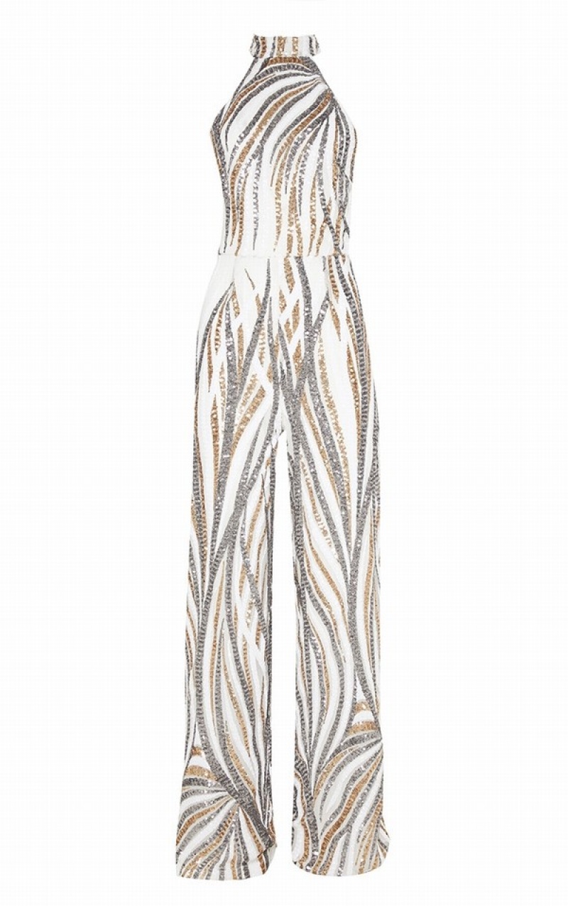 Gold Pretty Little Thing Sequin High Neck Jumpsuits | VQSZGWN-27