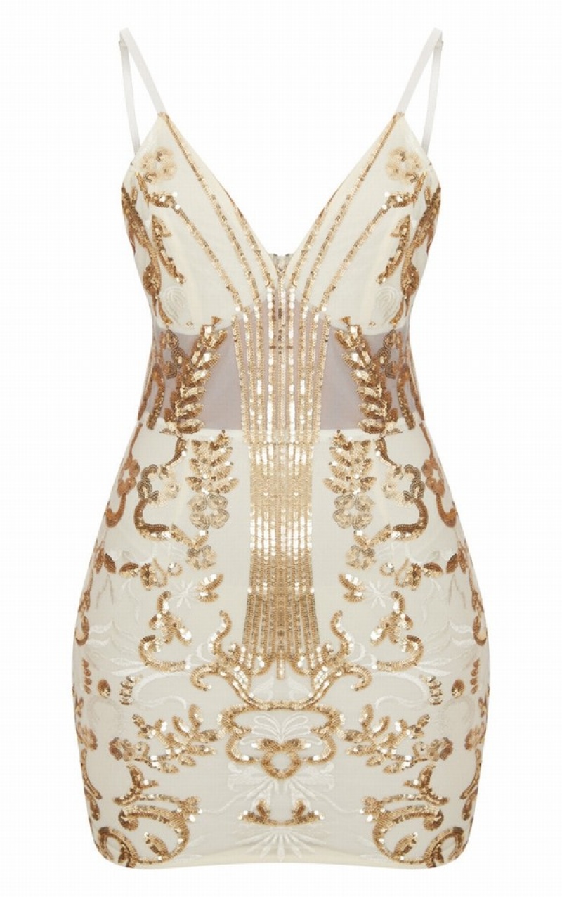 Gold Pretty Little Thing Strappy Sheer Panel Sequin Bodycon Dresses | JFEQHPR-76