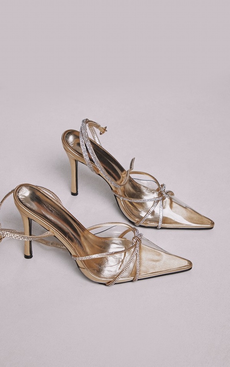 Gold Pretty Little Thing Wide Fit Diamante Knot Detail Point Toe Mided Courts Heels | OEZGSFT-65