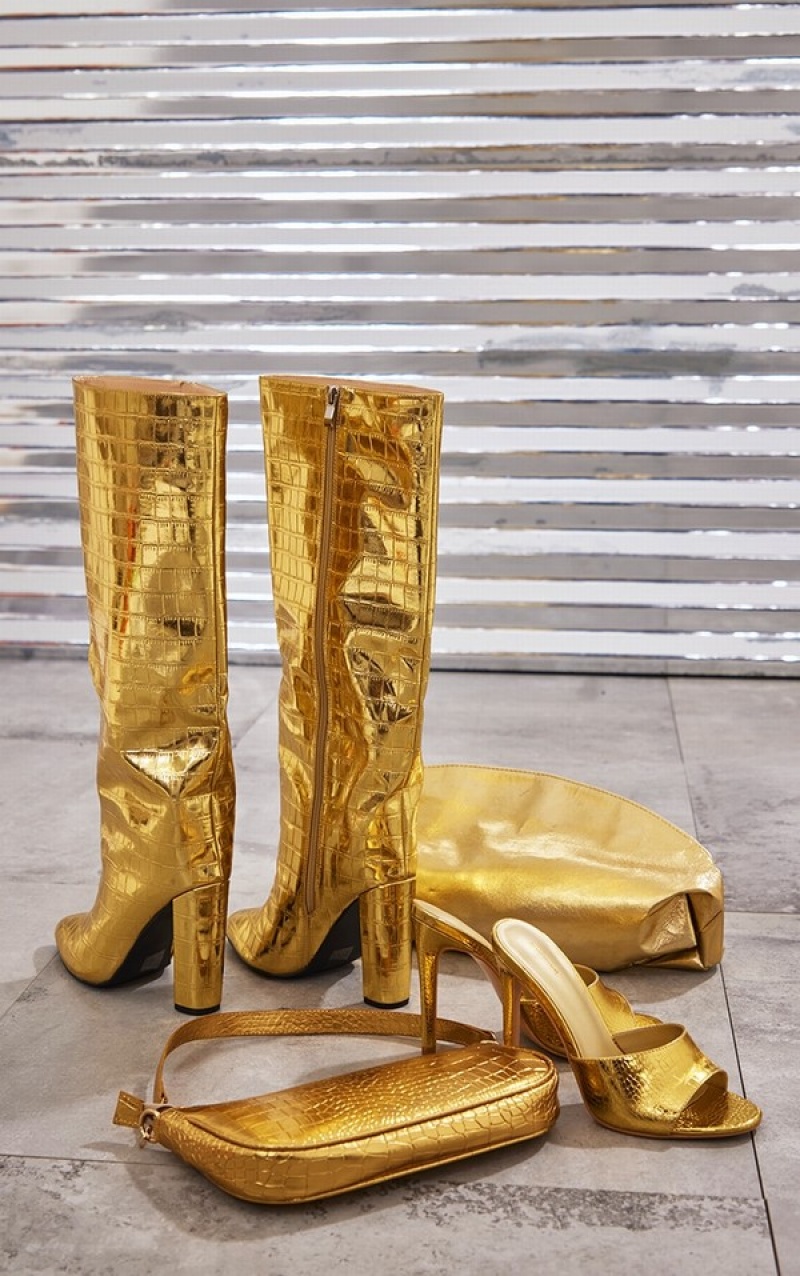 Gold Pretty Little Thing Wide Fit Metallic Point Toe Croc Block Highed Knee Boots | YQMDLNB-42